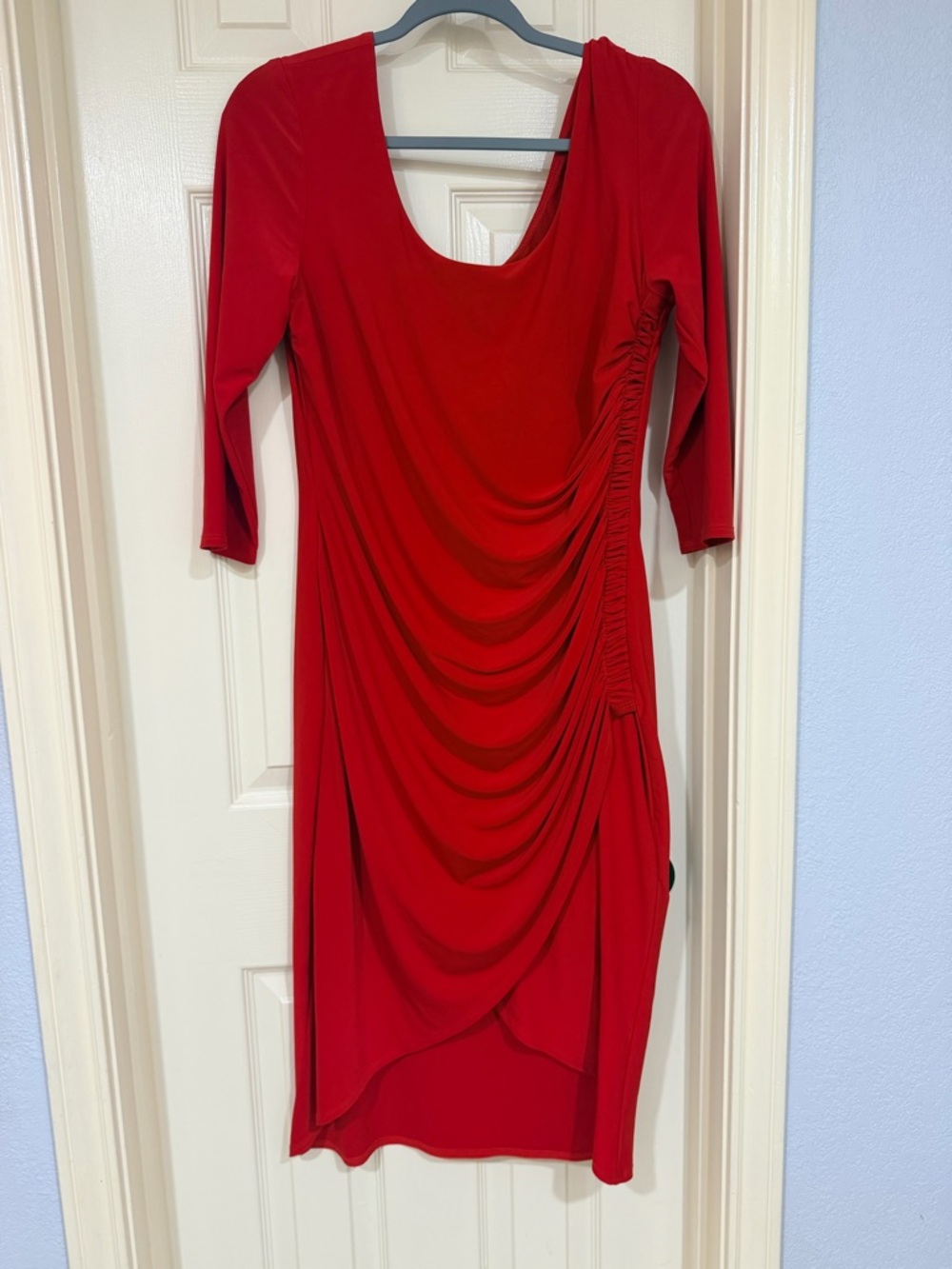 Joseph Ribkoff Red Ruched Sheath Dress Size 14 3/4 Sleeve Faux Wrap Cocktail